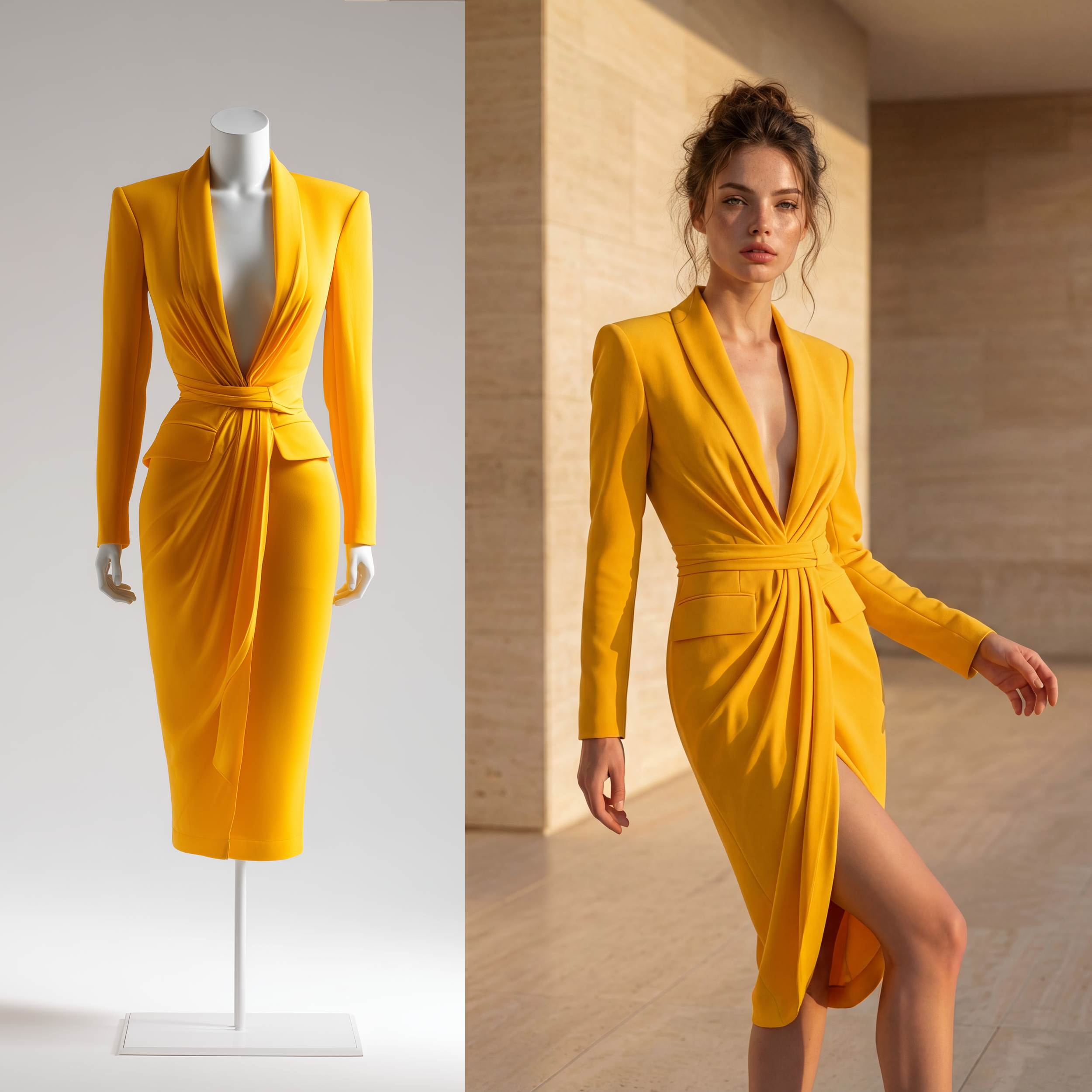 Ghost mannequin yellow wrap dress transformed to photorealistic on-model imagery