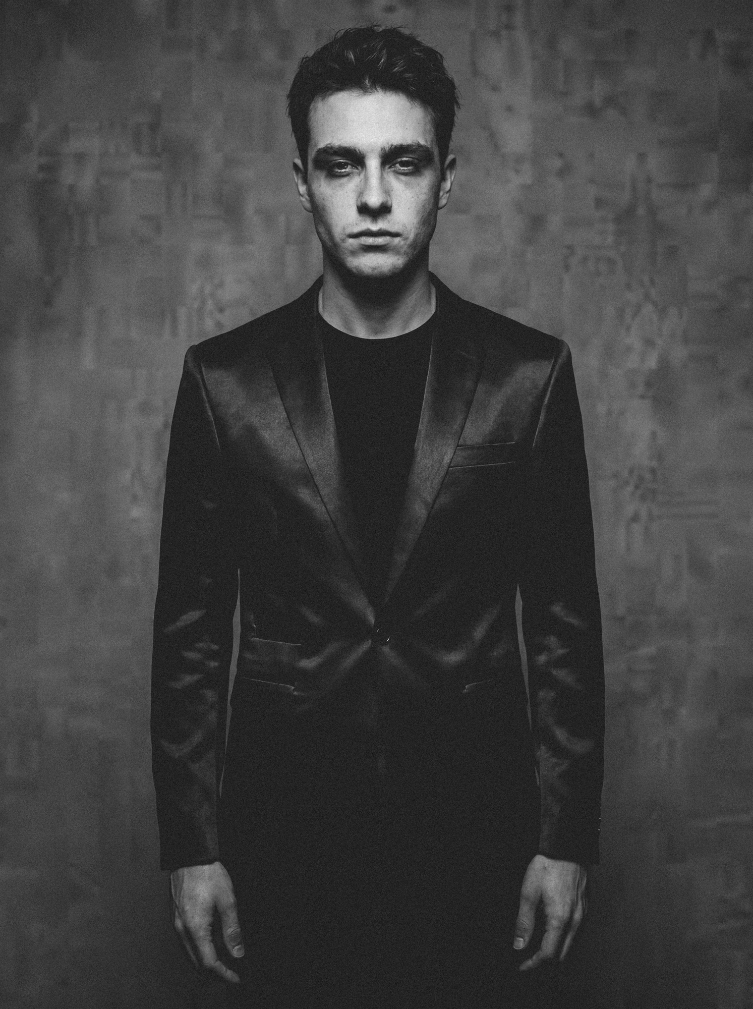 Male model in black satin blazer - Barocco Concrete Cathedral campaign